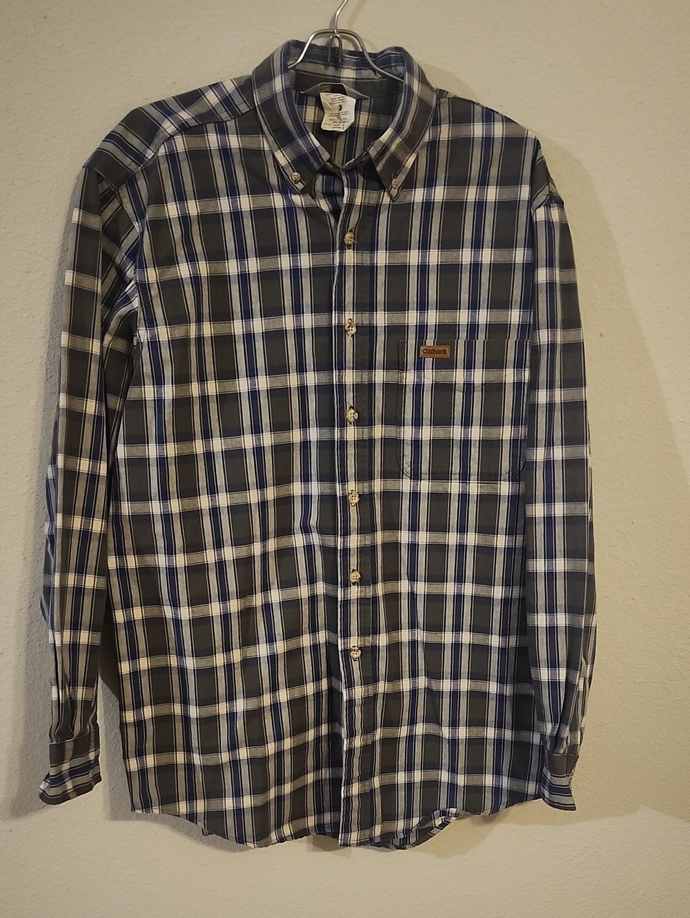 Carhartt Rugged Outdoor Wear Men's Navy, White & Green Plaid Button-Down Shirt